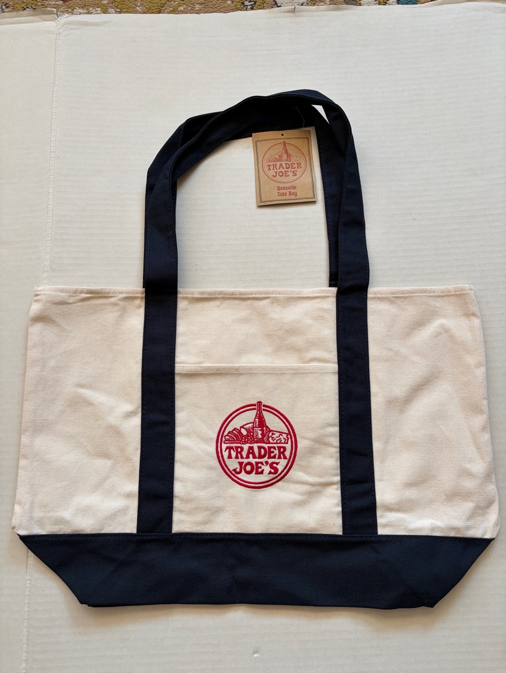 Trader Joe's Canvas Tote in Natural with Black Trim and Red Logo